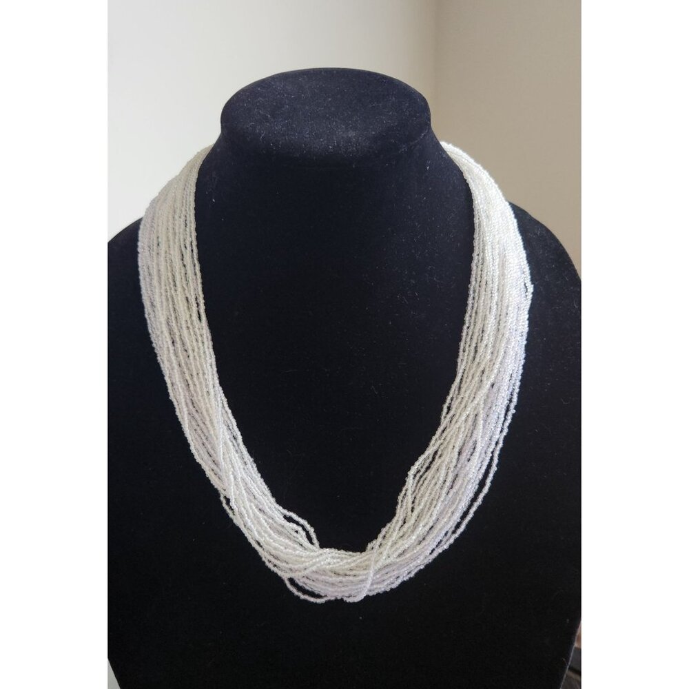 Vintage Multi-Strand White Glass Bead Necklace With Gold-Tone Floral Clasp